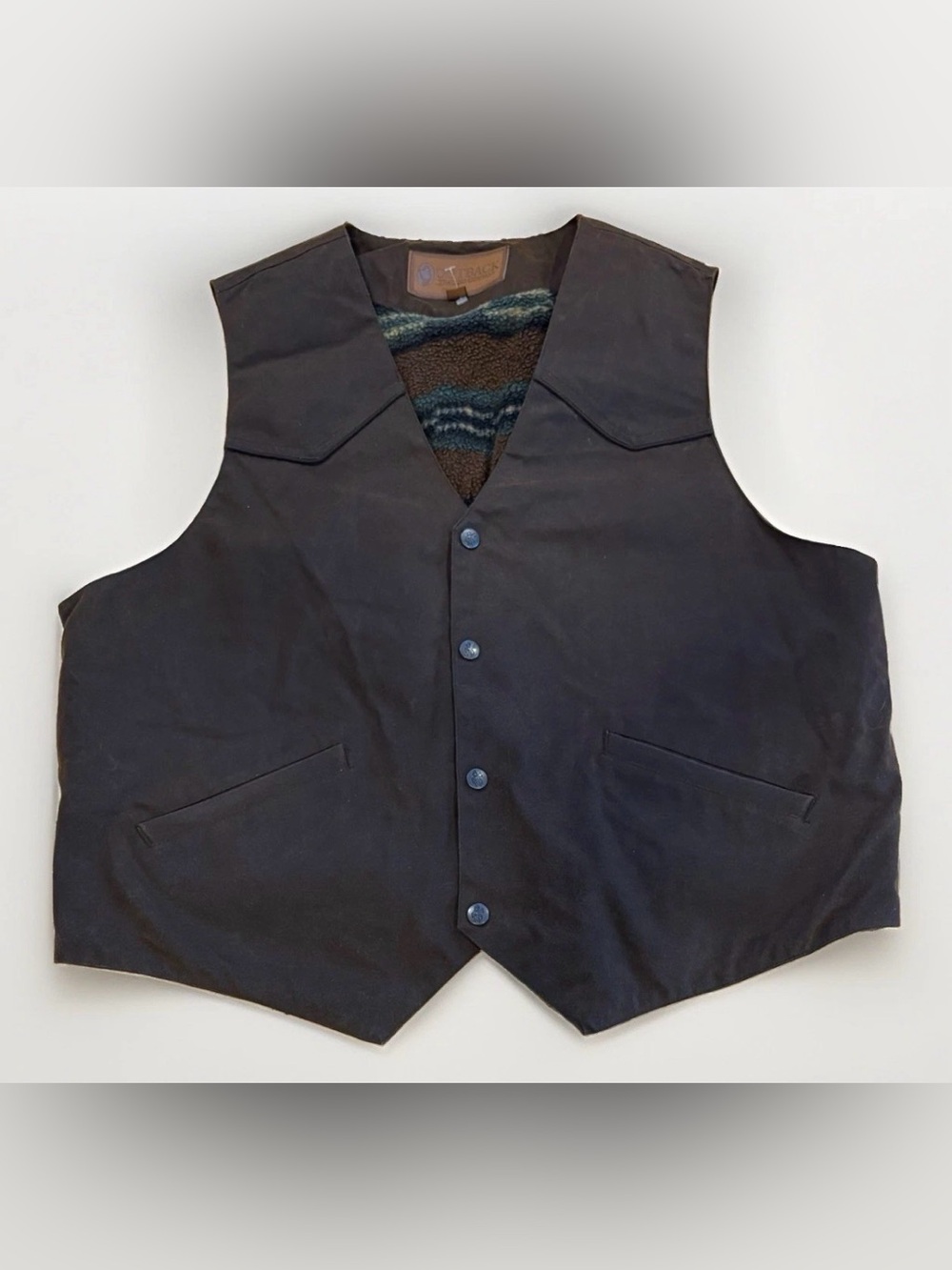 Outback Trading Co. Oilskin Waxed Cotton Vest Size XL Brown Aztec Sherpa Lined